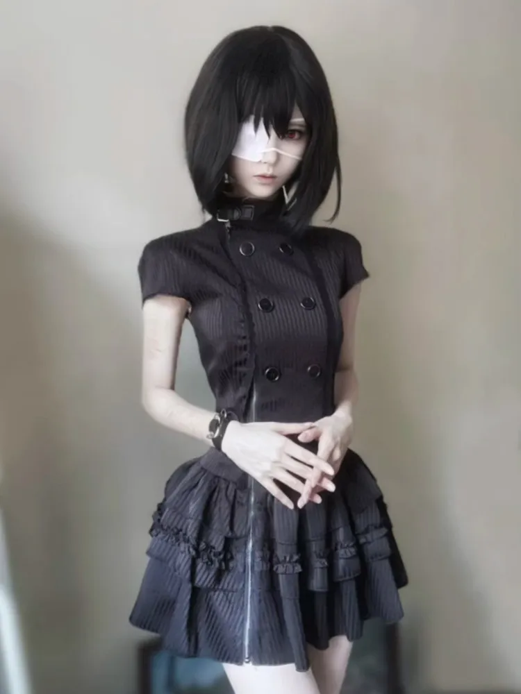 New Gothic Lolita Y2K Women's Mini Dress Double Breasted Striped Ruffle Hem Slim Fit Harajuku Dark Cute Night Out Streetwear