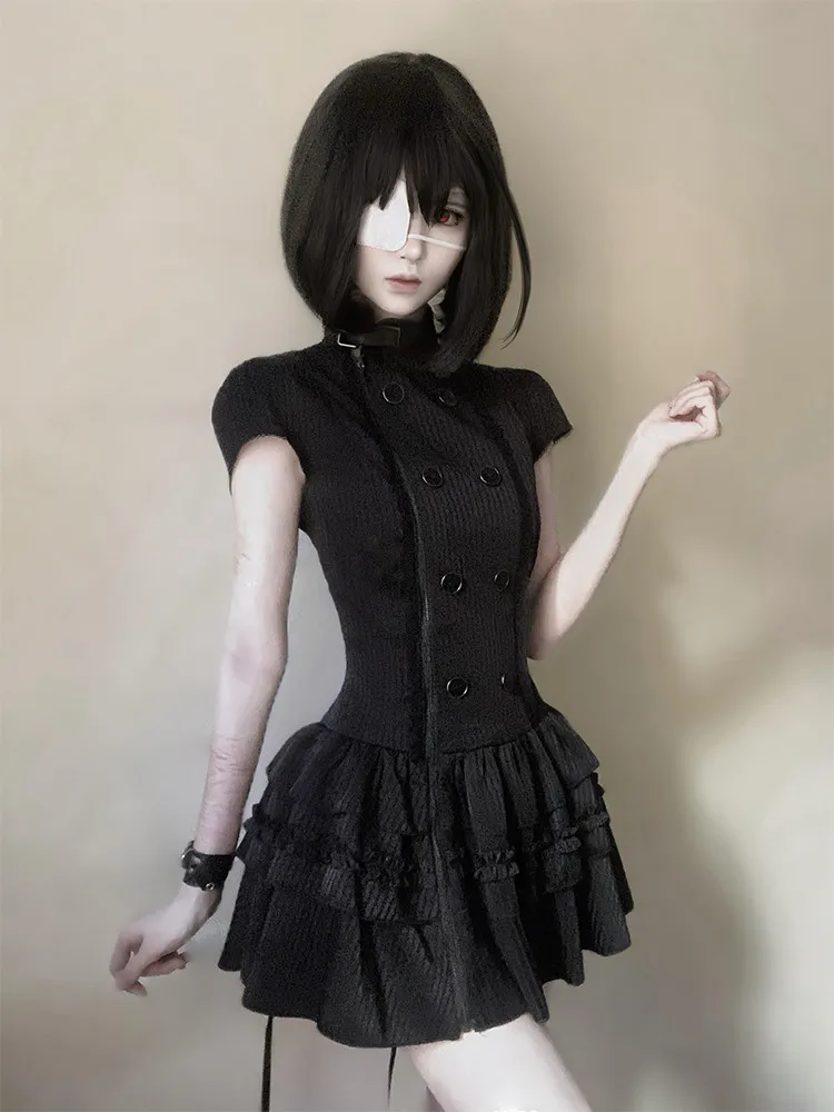 New Gothic Lolita Y2K Women's Mini Dress Double Breasted Striped Ruffle Hem Slim Fit Harajuku Dark Cute Night Out Streetwear