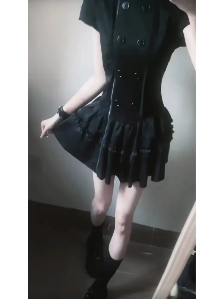 New Gothic Lolita Y2K Women's Mini Dress Double Breasted Striped Ruffle Hem Slim Fit Harajuku Dark Cute Night Out Streetwear