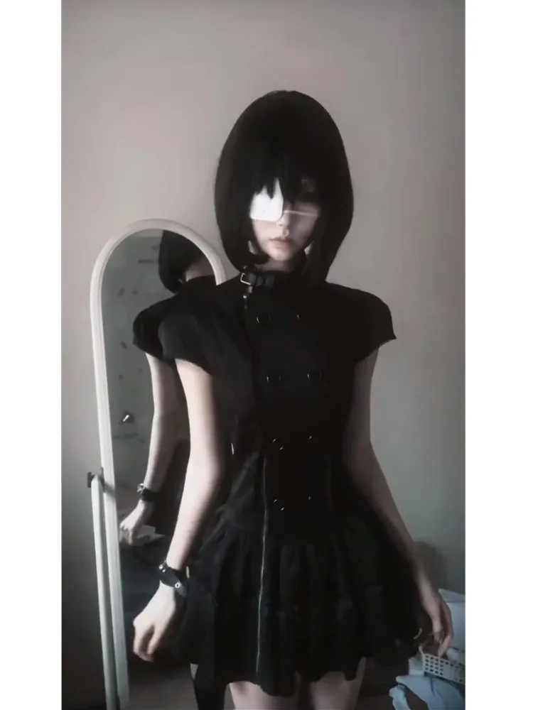 New Gothic Lolita Y2K Women's Mini Dress Double Breasted Striped Ruffle Hem Slim Fit Harajuku Dark Cute Night Out Streetwear