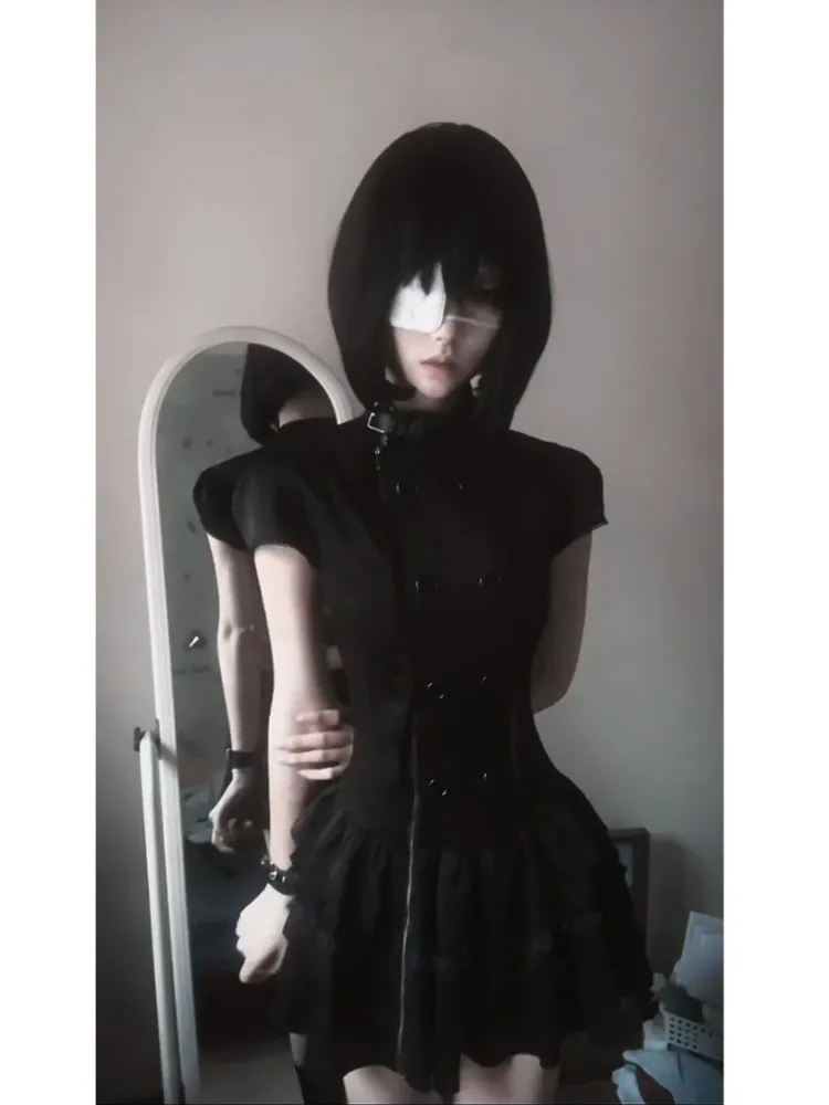 New Gothic Lolita Y2K Women's Mini Dress Double Breasted Striped Ruffle Hem Slim Fit Harajuku Dark Cute Night Out Streetwear