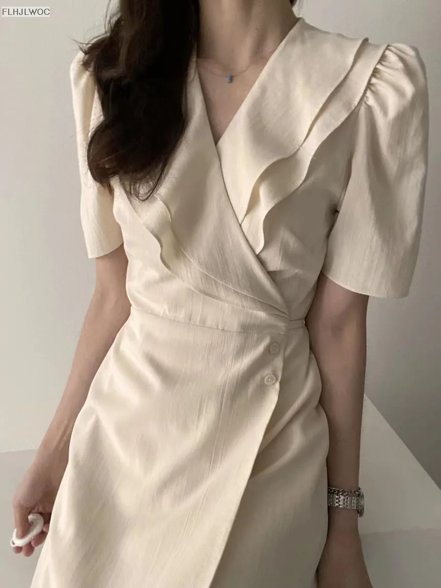 South Korea Chic Midi Dress Women Summer Japan Style Retro Vintage Design Ruffles Pink One-Piece Lace-Up Dress FLHJLWOC Vestidos