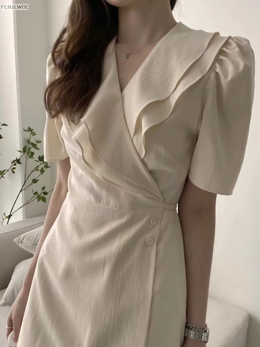 South Korea Chic Midi Dress Women Summer Japan Style Retro Vintage Design Ruffles Pink One-Piece Lace-Up Dress FLHJLWOC Vestidos