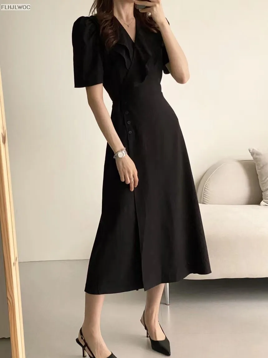 South Korea Chic Midi Dress Women Summer Japan Style Retro Vintage Design Ruffles Pink One-Piece Lace-Up Dress FLHJLWOC Vestidos