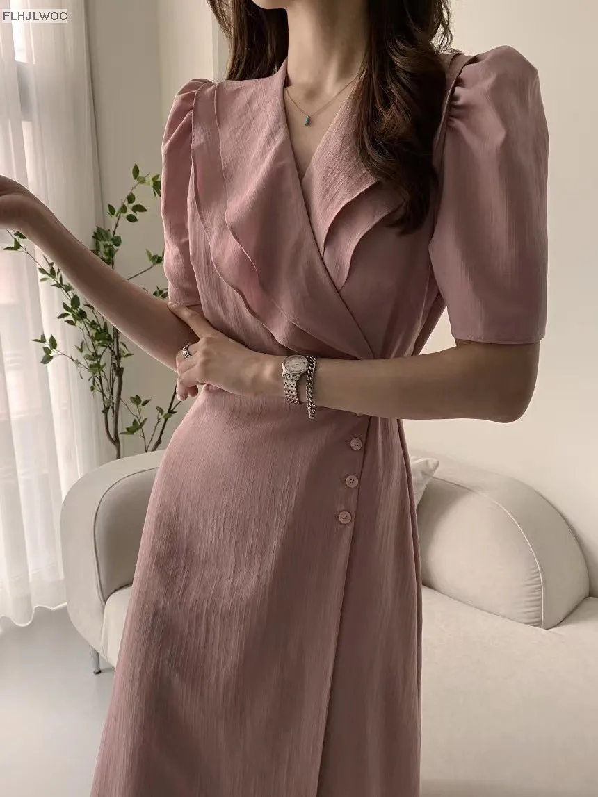 South Korea Chic Midi Dress Women Summer Japan Style Retro Vintage Design Ruffles Pink One-Piece Lace-Up Dress FLHJLWOC Vestidos