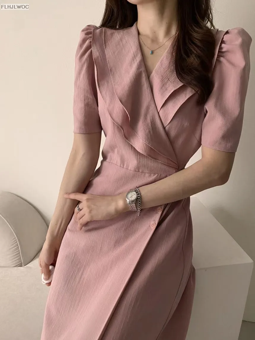 South Korea Chic Midi Dress Women Summer Japan Style Retro Vintage Design Ruffles Pink One-Piece Lace-Up Dress FLHJLWOC Vestidos