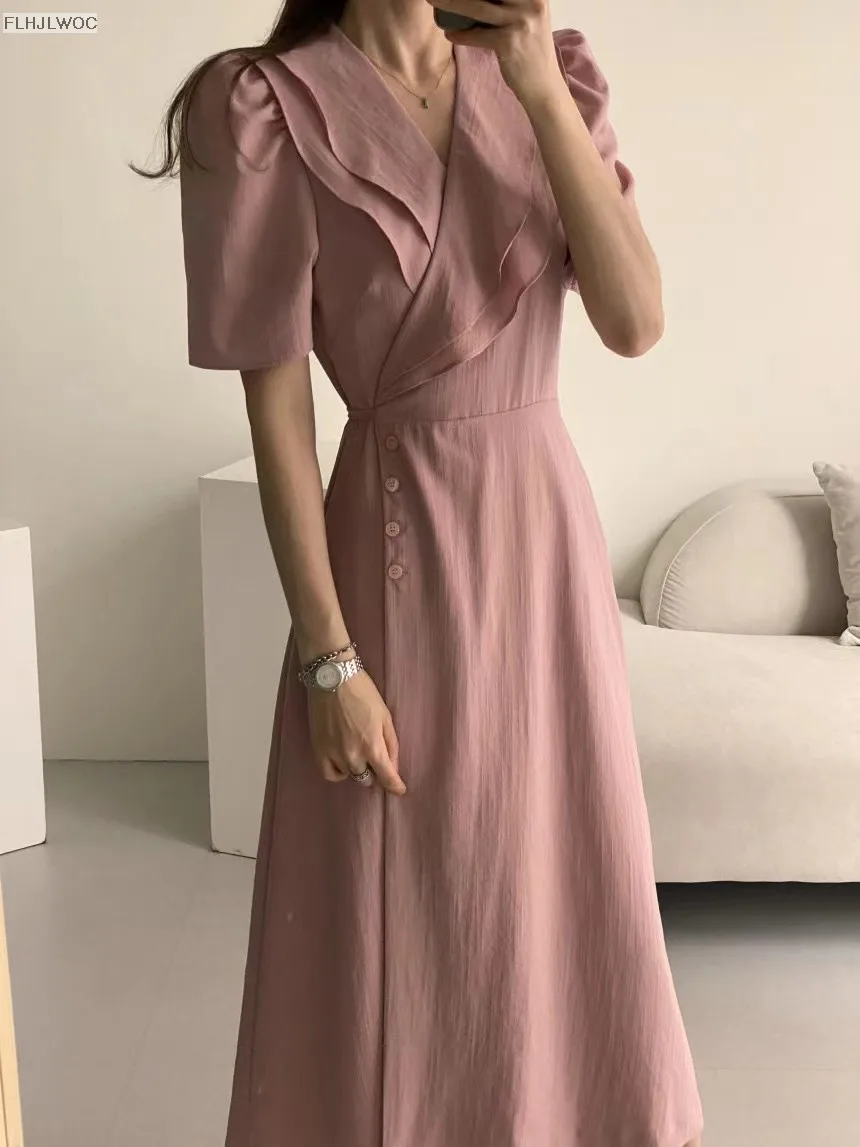 South Korea Chic Midi Dress Women Summer Japan Style Retro Vintage Design Ruffles Pink One-Piece Lace-Up Dress FLHJLWOC Vestidos