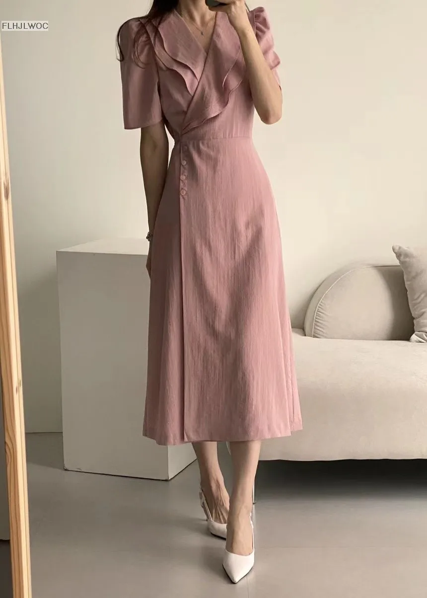South Korea Chic Midi Dress Women Summer Japan Style Retro Vintage Design Ruffles Pink One-Piece Lace-Up Dress FLHJLWOC Vestidos