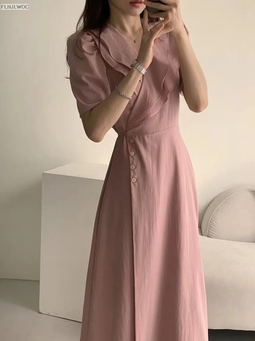 South Korea Chic Midi Dress Women Summer Japan Style Retro Vintage Design Ruffles Pink One-Piece Lace-Up Dress FLHJLWOC Vestidos