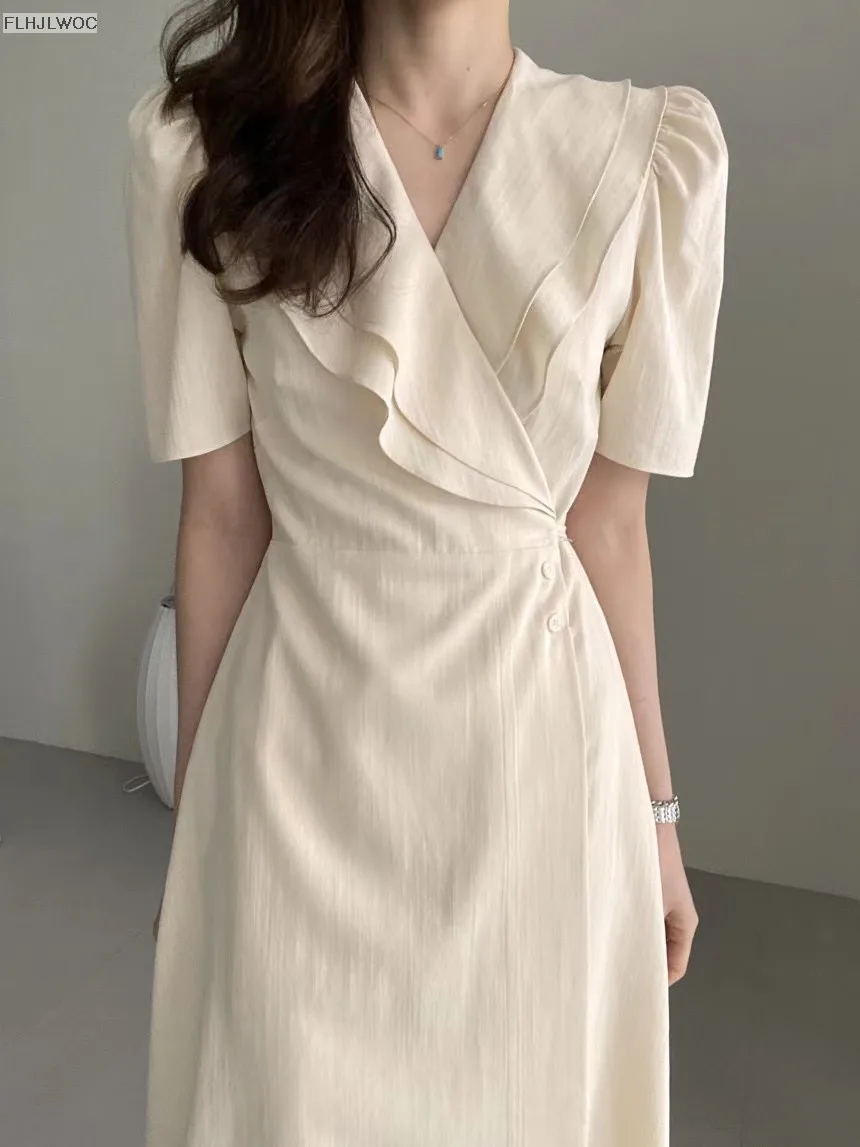 South Korea Chic Midi Dress Women Summer Japan Style Retro Vintage Design Ruffles Pink One-Piece Lace-Up Dress FLHJLWOC Vestidos
