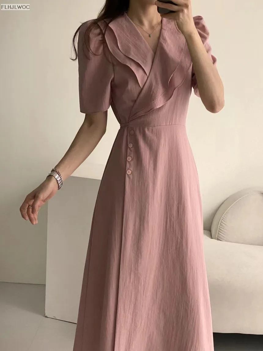 South Korea Chic Midi Dress Women Summer Japan Style Retro Vintage Design Ruffles Pink One-Piece Lace-Up Dress FLHJLWOC Vestidos
