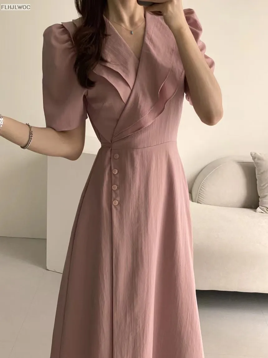 South Korea Chic Midi Dress Women Summer Japan Style Retro Vintage Design Ruffles Pink One-Piece Lace-Up Dress FLHJLWOC Vestidos