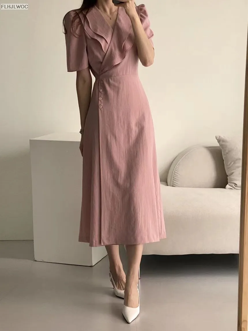 South Korea Chic Midi Dress Women Summer Japan Style Retro Vintage Design Ruffles Pink One-Piece Lace-Up Dress FLHJLWOC Vestidos