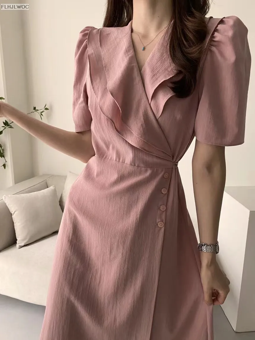 South Korea Chic Midi Dress Women Summer Japan Style Retro Vintage Design Ruffles Pink One-Piece Lace-Up Dress FLHJLWOC Vestidos