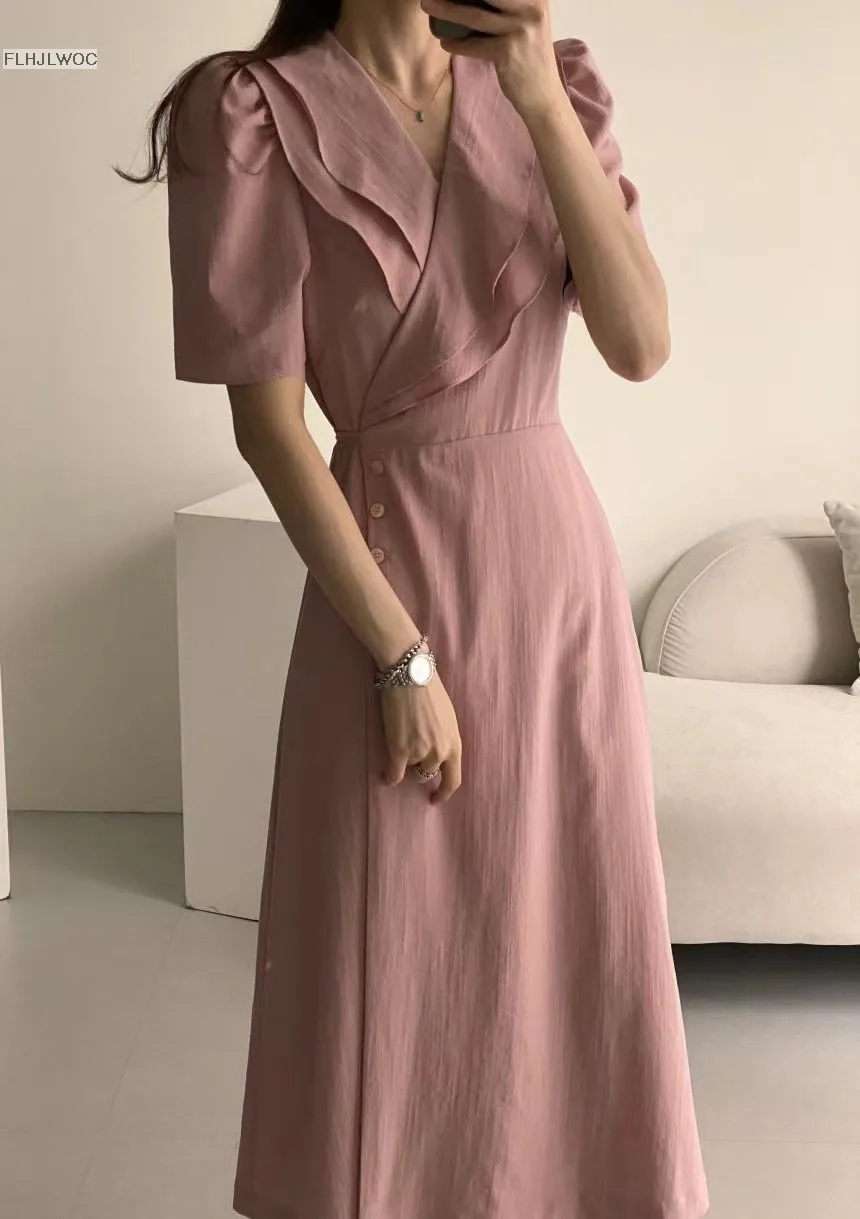 South Korea Chic Midi Dress Women Summer Japan Style Retro Vintage Design Ruffles Pink One-Piece Lace-Up Dress FLHJLWOC Vestidos