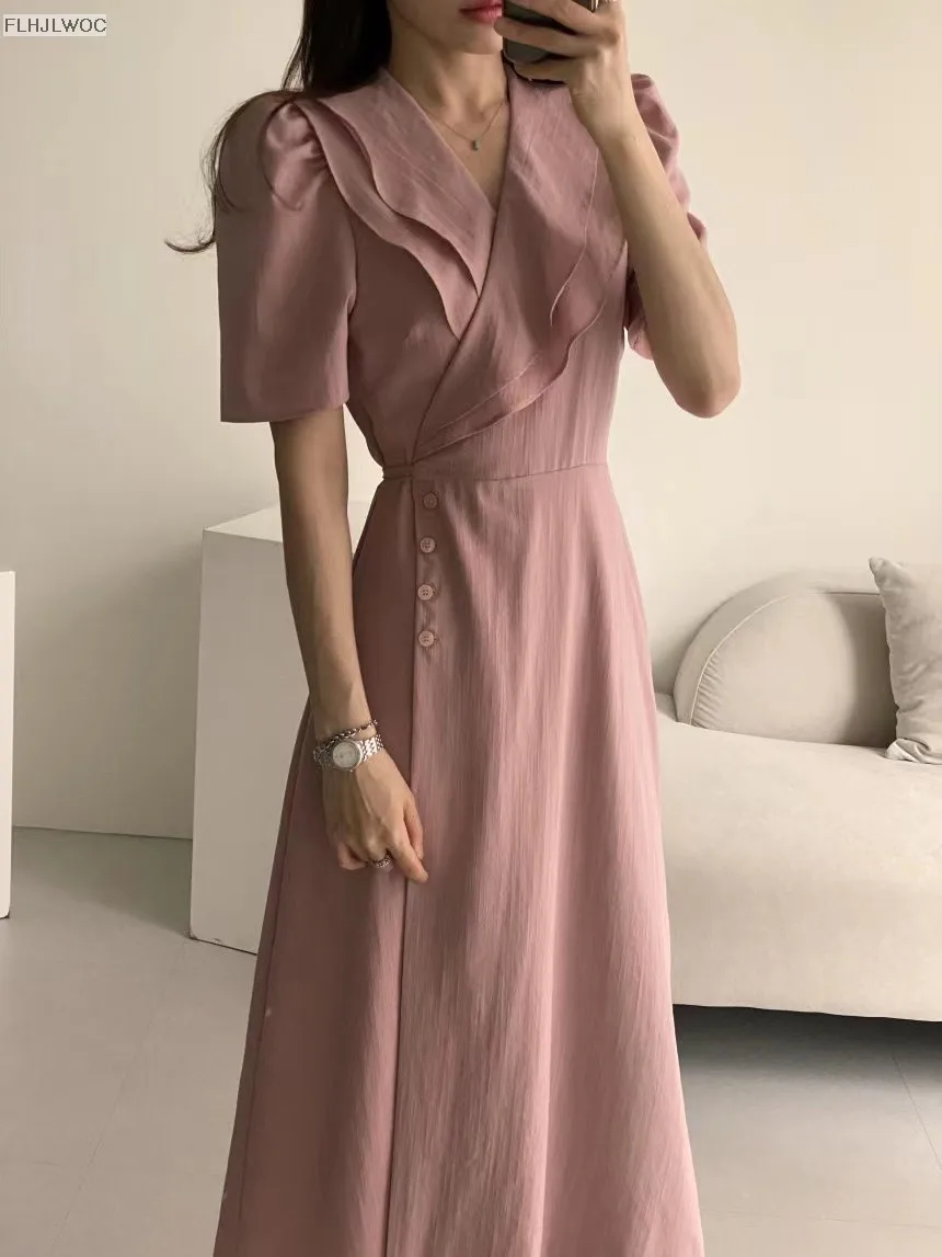 South Korea Chic Midi Dress Women Summer Japan Style Retro Vintage Design Ruffles Pink One-Piece Lace-Up Dress FLHJLWOC Vestidos