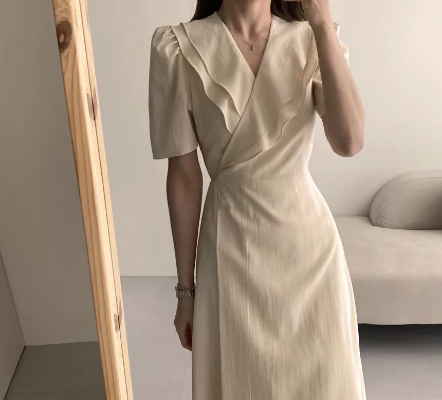 South Korea Chic Midi Dress Women Summer Japan Style Retro Vintage Design Ruffles Pink One-Piece Lace-Up Dress FLHJLWOC Vestidos