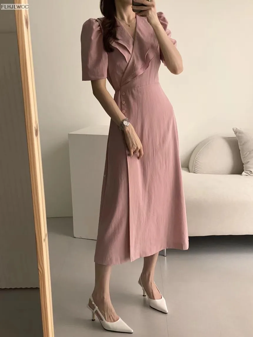 South Korea Chic Midi Dress Women Summer Japan Style Retro Vintage Design Ruffles Pink One-Piece Lace-Up Dress FLHJLWOC Vestidos