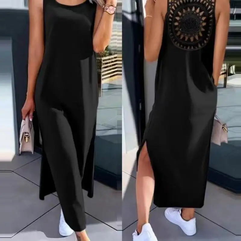 Summer Sleeveless Hollow Sexy Loose Dress Women Fashion Slit Solid Casual Dresses Women Round Neck Mid Length Slim Ladies Dress