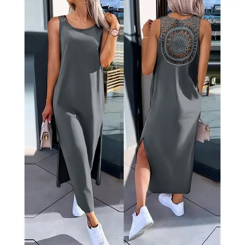 Summer Sleeveless Hollow Sexy Loose Dress Women Fashion Slit Solid Casual Dresses Women Round Neck Mid Length Slim Ladies Dress