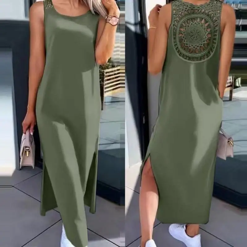 Summer Sleeveless Hollow Sexy Loose Dress Women Fashion Slit Solid Casual Dresses Women Round Neck Mid Length Slim Ladies Dress