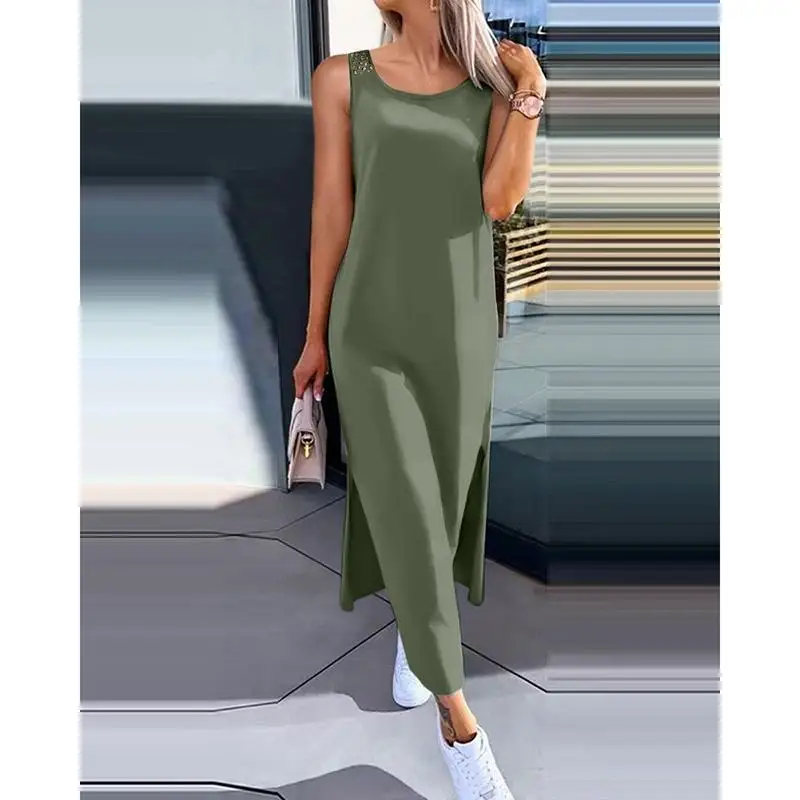 Summer Sleeveless Hollow Sexy Loose Dress Women Fashion Slit Solid Casual Dresses Women Round Neck Mid Length Slim Ladies Dress