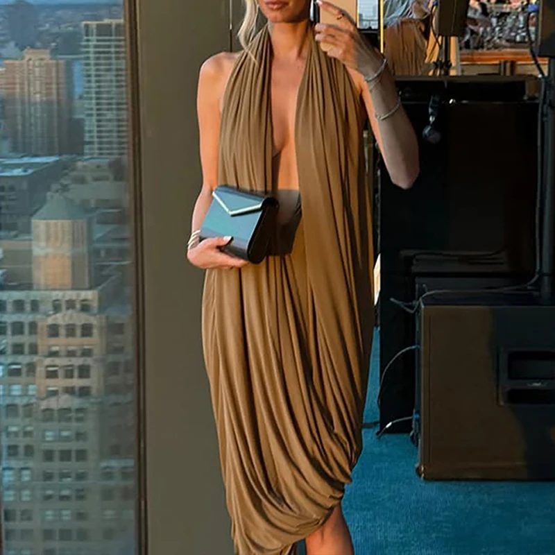 OMSJ Halter Ruched Irregular Backless Summer Sleeveless Trendy Bodycon Loose Maxi Dress Women Y2k Sexy Elegant Party Vestidos