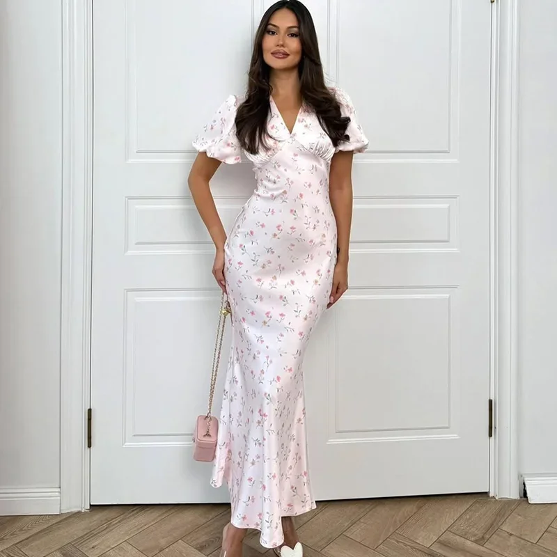 Tuularose Fashion Satin Print Dress Women's Elegant Contrast High Waist Dress Luxurious New Casual Women's Party Evening Dresses