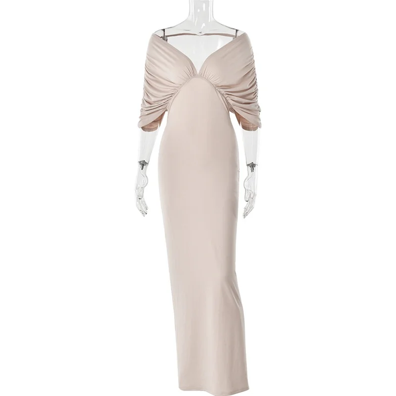 Mozision Women Off-shoulder Ruched Sexy Maxi Dress Elegant Deep V Neck Draped Sleeve Bodycon Club Party Long Dresses Female