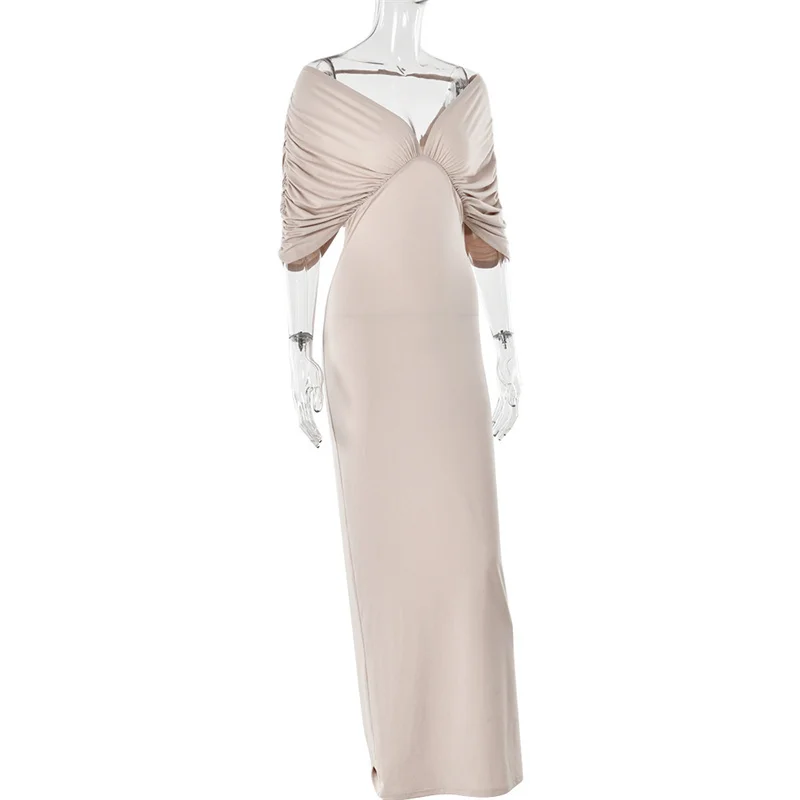 Mozision Women Off-shoulder Ruched Sexy Maxi Dress Elegant Deep V Neck Draped Sleeve Bodycon Club Party Long Dresses Female