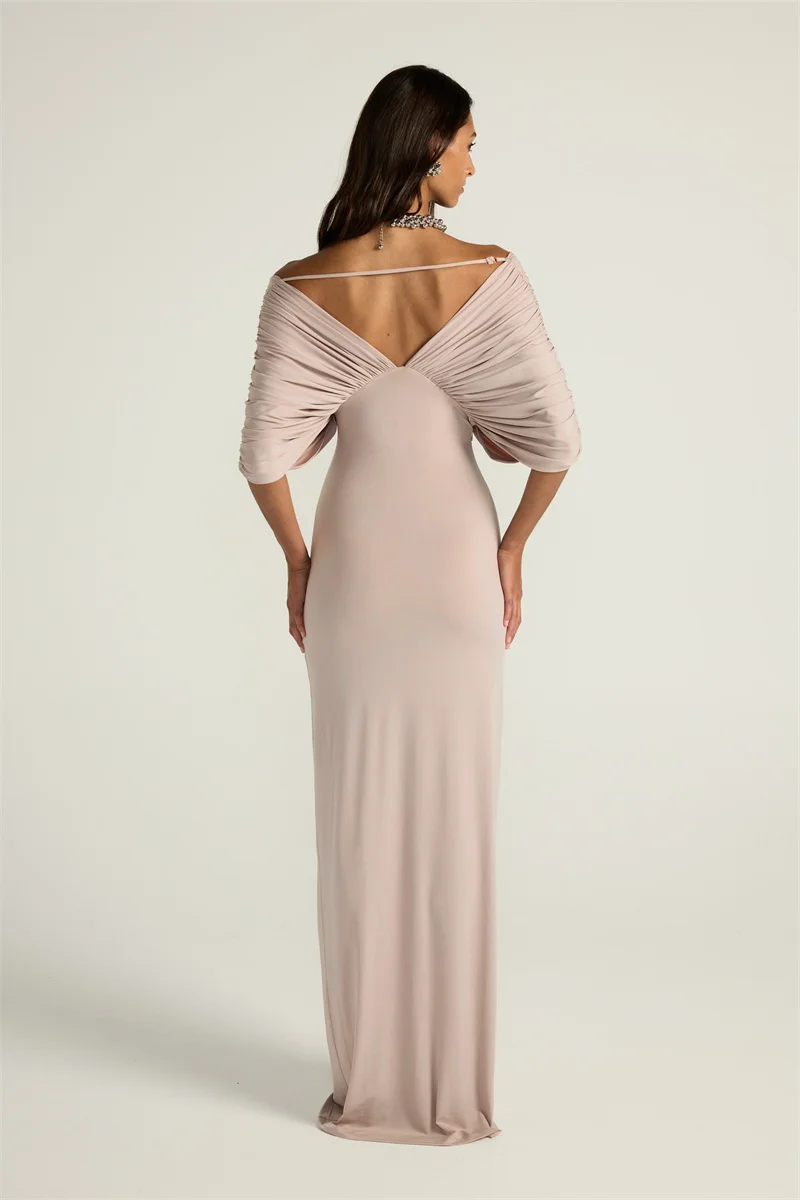 Mozision Women Off-shoulder Ruched Sexy Maxi Dress Elegant Deep V Neck Draped Sleeve Bodycon Club Party Long Dresses Female