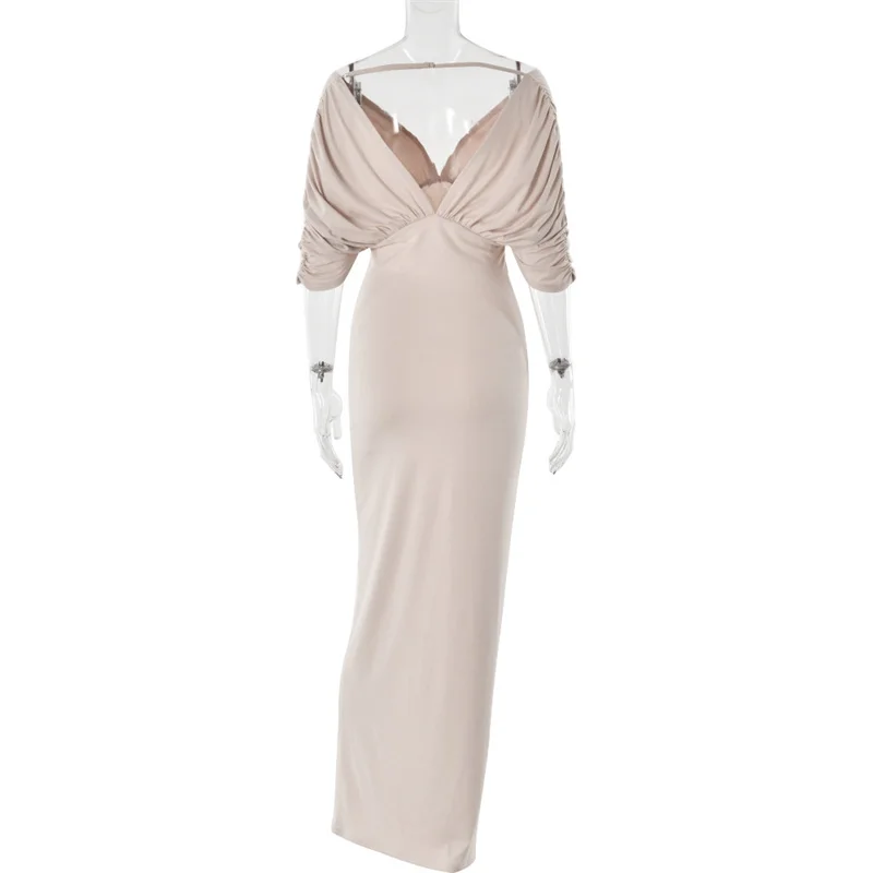 Mozision Women Off-shoulder Ruched Sexy Maxi Dress Elegant Deep V Neck Draped Sleeve Bodycon Club Party Long Dresses Female