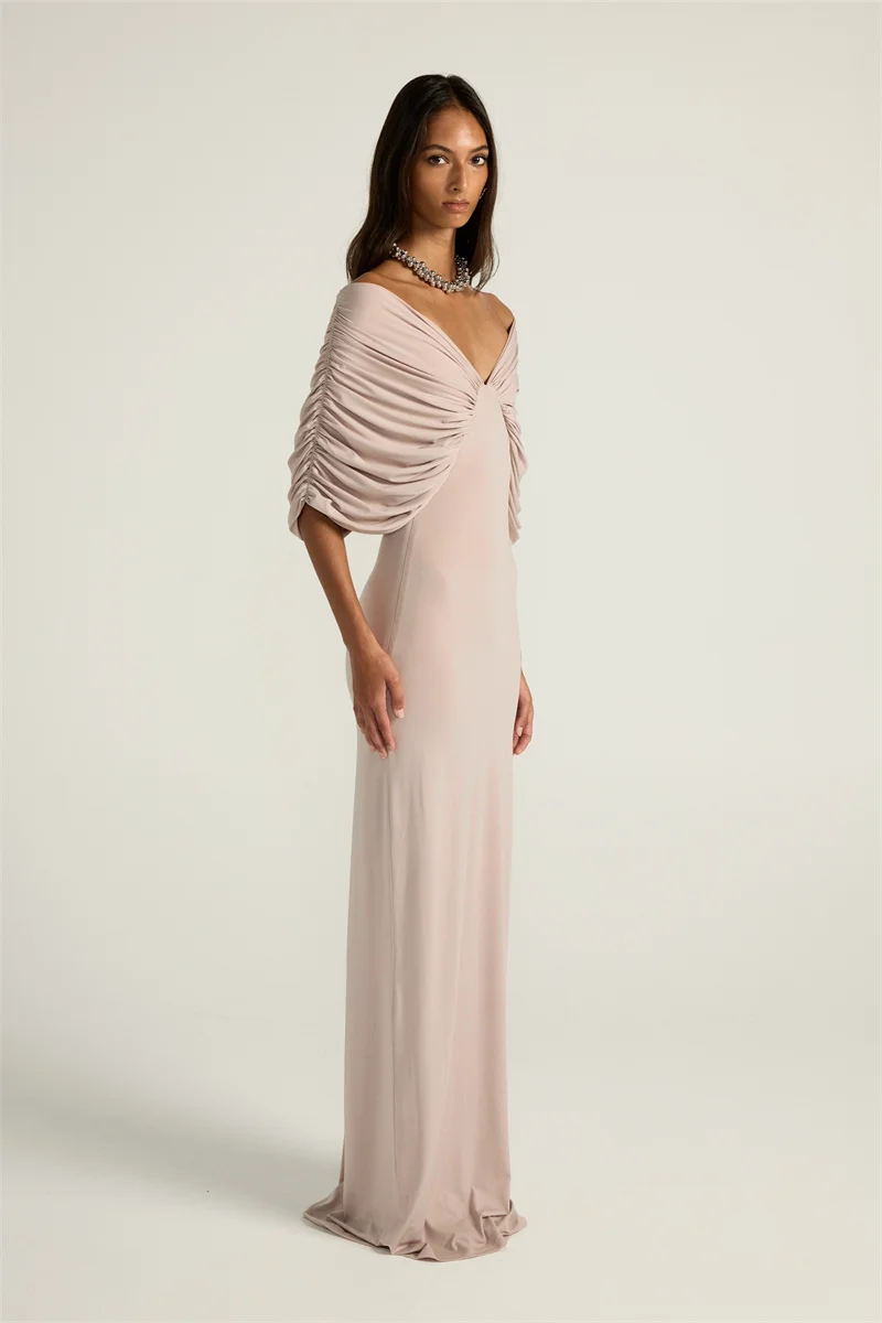 Mozision Women Off-shoulder Ruched Sexy Maxi Dress Elegant Deep V Neck Draped Sleeve Bodycon Club Party Long Dresses Female