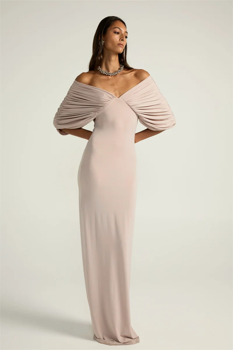 Mozision Women Off-shoulder Ruched Sexy Maxi Dress Elegant Deep V Neck Draped Sleeve Bodycon Club Party Long Dresses Female