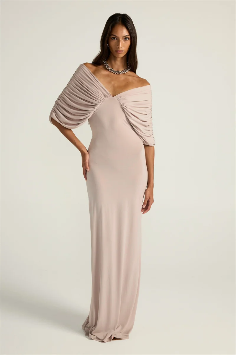 Mozision Women Off-shoulder Ruched Sexy Maxi Dress Elegant Deep V Neck Draped Sleeve Bodycon Club Party Long Dresses Female