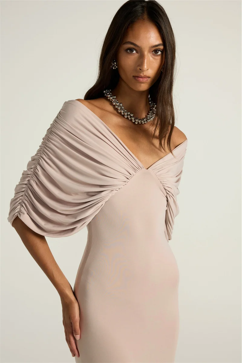 Mozision Women Off-shoulder Ruched Sexy Maxi Dress Elegant Deep V Neck Draped Sleeve Bodycon Club Party Long Dresses Female