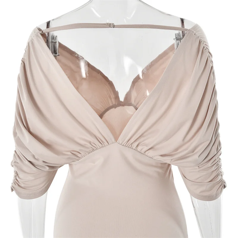 Mozision Women Off-shoulder Ruched Sexy Maxi Dress Elegant Deep V Neck Draped Sleeve Bodycon Club Party Long Dresses Female