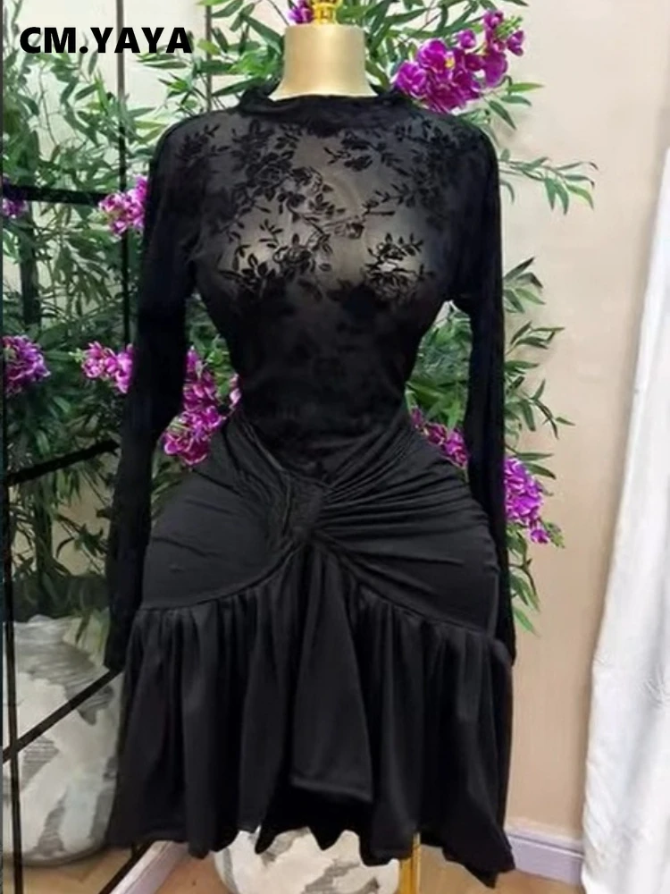 CM.YAYA Women Black Floral Velvet Mesh Sheer Long Sleeve High Neck Ruched Waist Ruffle Irregular Hem Bodycon Mini Party Dress