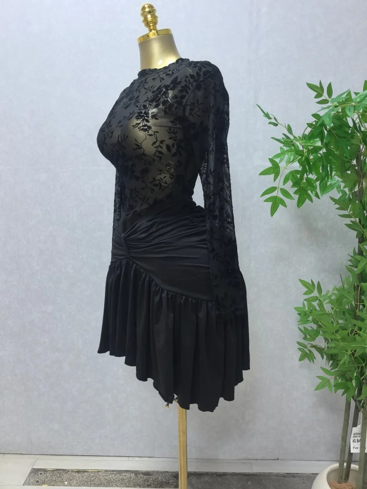 CM.YAYA Women Black Floral Velvet Mesh Sheer Long Sleeve High Neck Ruched Waist Ruffle Irregular Hem Bodycon Mini Party Dress