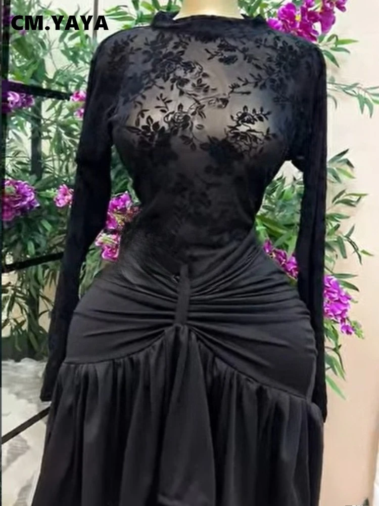 CM.YAYA Women Black Floral Velvet Mesh Sheer Long Sleeve High Neck Ruched Waist Ruffle Irregular Hem Bodycon Mini Party Dress
