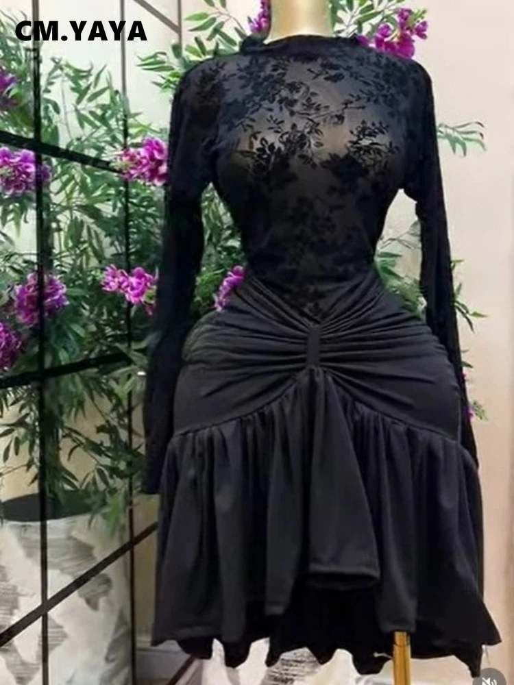 CM.YAYA Women Black Floral Velvet Mesh Sheer Long Sleeve High Neck Ruched Waist Ruffle Irregular Hem Bodycon Mini Party Dress