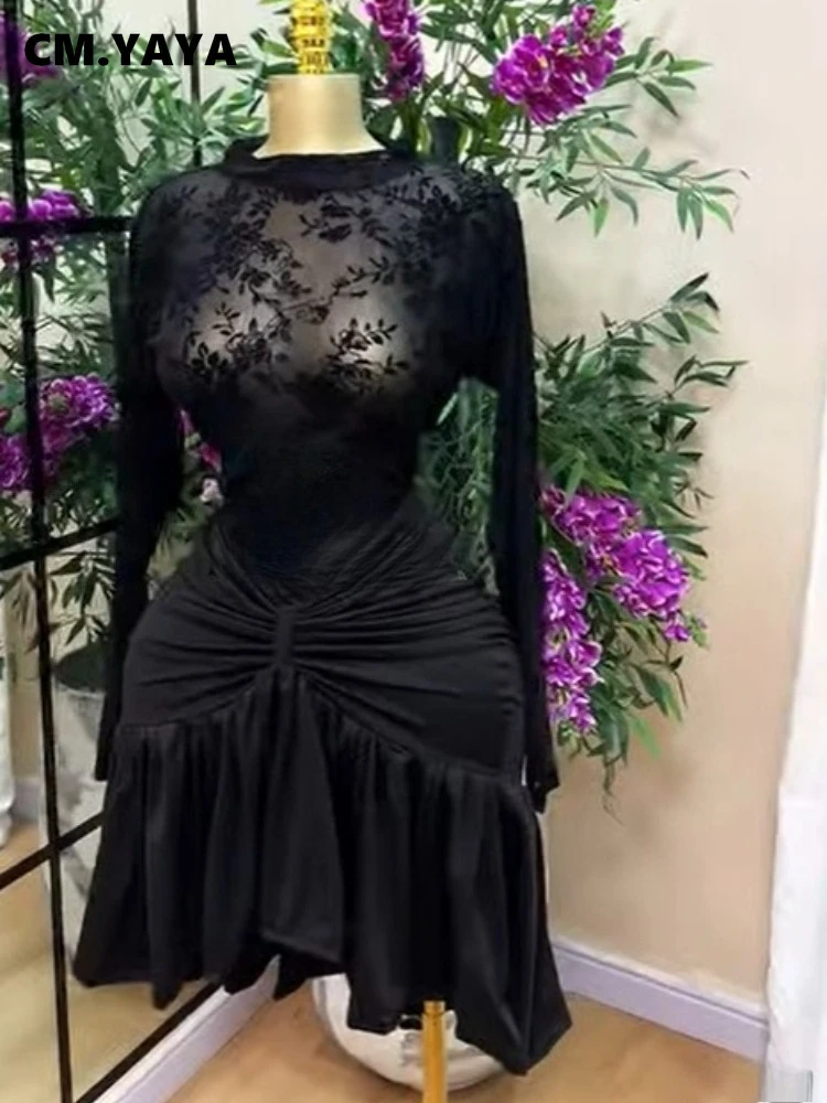 CM.YAYA Women Black Floral Velvet Mesh Sheer Long Sleeve High Neck Ruched Waist Ruffle Irregular Hem Bodycon Mini Party Dress