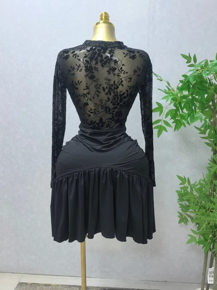 CM.YAYA Women Black Floral Velvet Mesh Sheer Long Sleeve High Neck Ruched Waist Ruffle Irregular Hem Bodycon Mini Party Dress