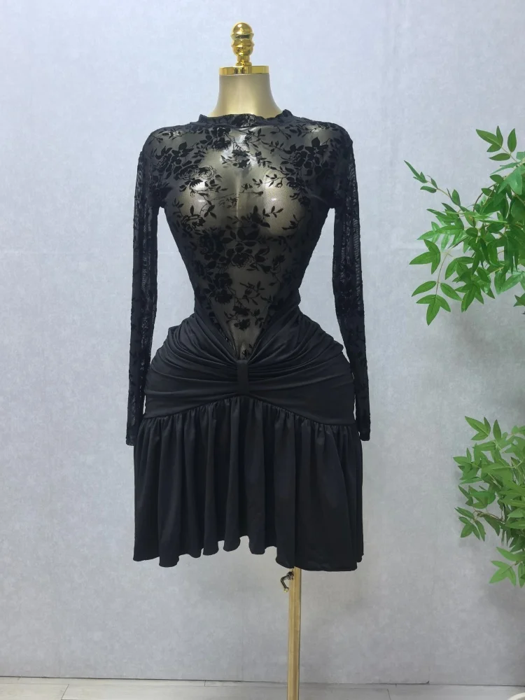 CM.YAYA Women Black Floral Velvet Mesh Sheer Long Sleeve High Neck Ruched Waist Ruffle Irregular Hem Bodycon Mini Party Dress