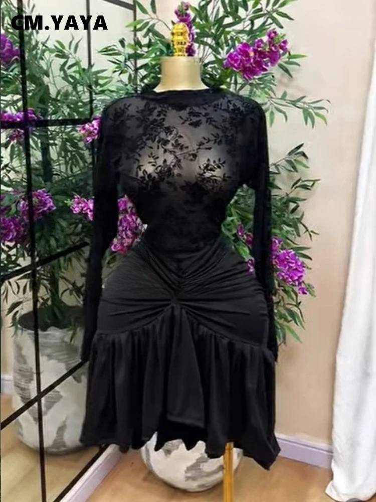 CM.YAYA Women Black Floral Velvet Mesh Sheer Long Sleeve High Neck Ruched Waist Ruffle Irregular Hem Bodycon Mini Party Dress