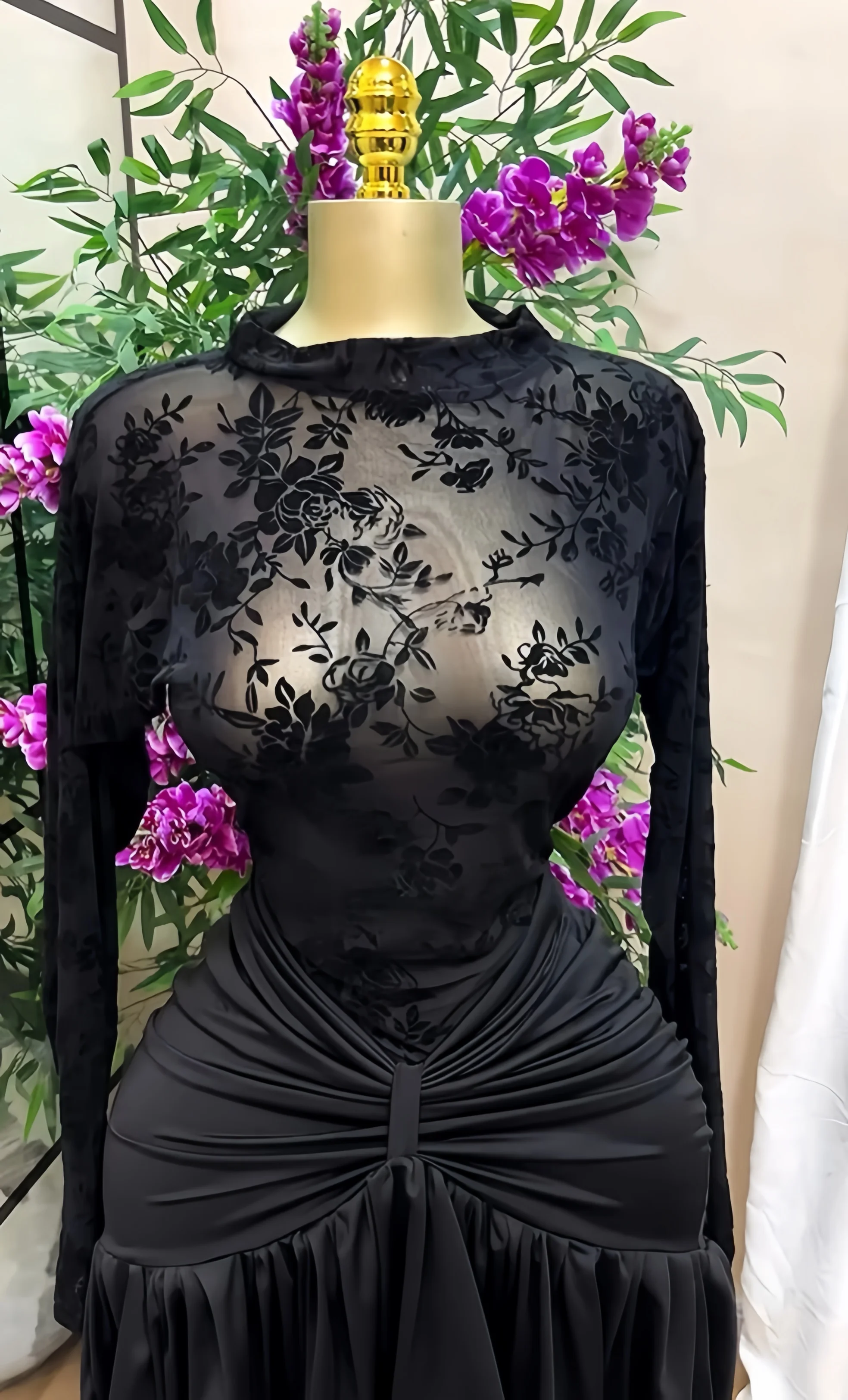 CM.YAYA Women Black Floral Velvet Mesh Sheer Long Sleeve High Neck Ruched Waist Ruffle Irregular Hem Bodycon Mini Party Dress