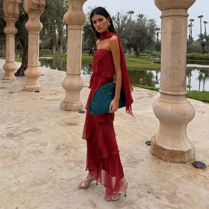 Women Dress Chiffon Strapless Detachable Neck Maxi Dress Scarf Strap Multi Tier Ruffle Layered Flowy Hem Slim Elegant Dress Lady