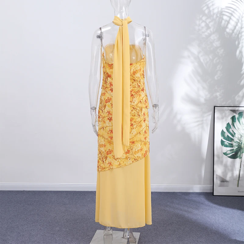 Women Dress Chiffon Strapless Detachable Neck Maxi Dress Scarf Strap Multi Tier Ruffle Layered Flowy Hem Slim Elegant Dress Lady