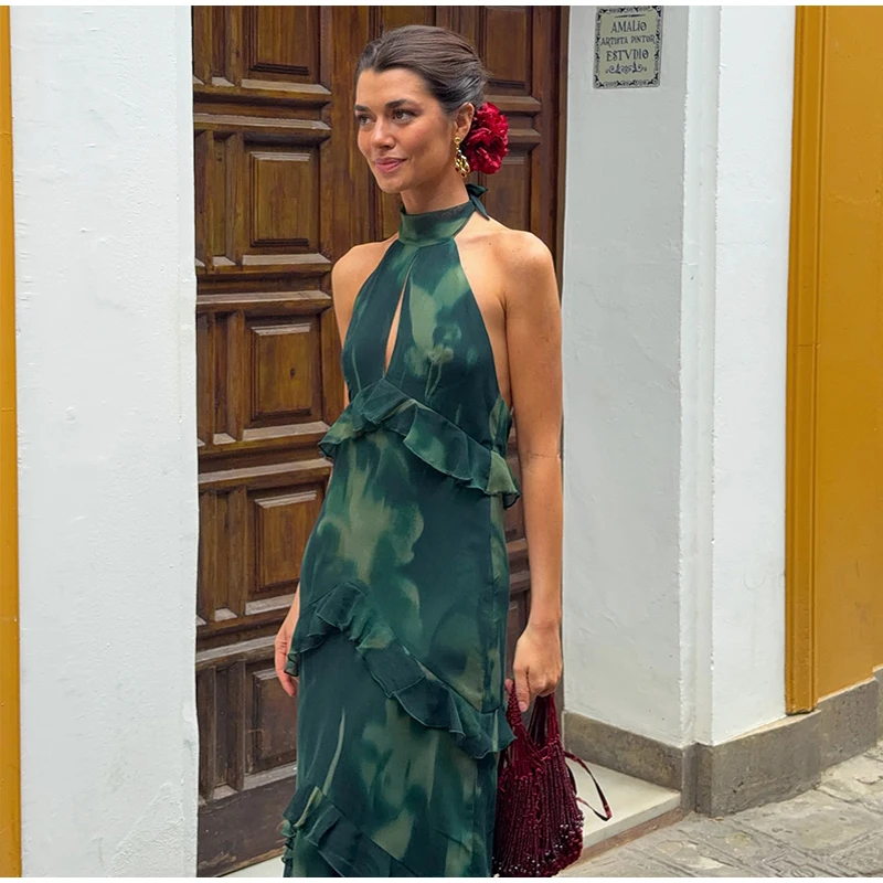 Women Dress Chiffon Strapless Detachable Neck Maxi Dress Scarf Strap Multi Tier Ruffle Layered Flowy Hem Slim Elegant Dress Lady