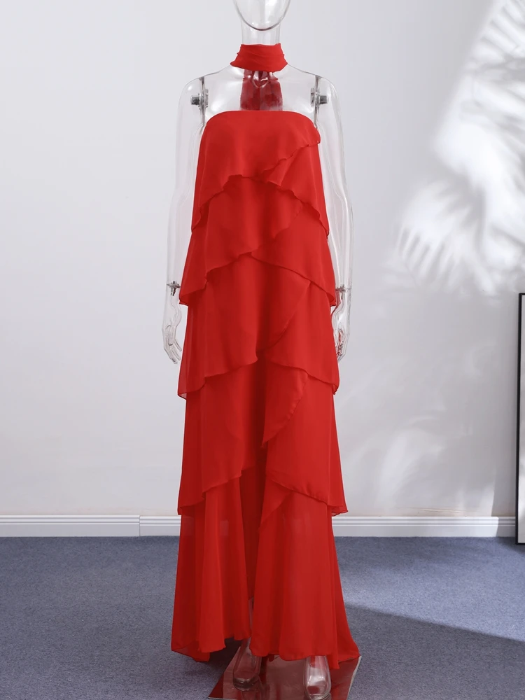 Women Dress Chiffon Strapless Detachable Neck Maxi Dress Scarf Strap Multi Tier Ruffle Layered Flowy Hem Slim Elegant Dress Lady